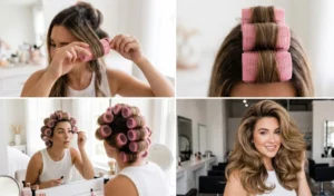 Four-part collage showing how to set medium length hair with jumbo velcro rollers for a voluminous Y2K supermodel blowout, including mohawk crown placement and the bouncy final result.