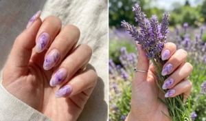 "Soft watercolor lavender bloom nail art showing diffused, dreamy washes of violet gel polish over a natural nude base."