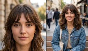 A 2-panel split-screen displaying texturized bottleneck bangs effortlessly integrated into a relaxed, modern mid-length blowout.