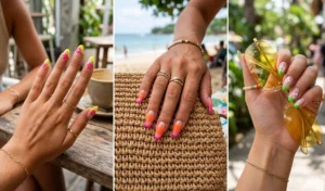 A three-panel collage showcasing Y2K neon hibiscus French tip nails, featuring almond and coffin shapes with bright yellow, pink, and green tips decorated with hand-painted tropical floral designs.