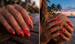 A two-panel collage of vivid neon coral nails with a velvety matte top coat, featuring delicate black and dark green hand-painted palm leaf silhouettes.