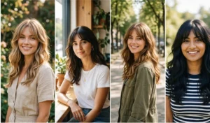 Four different variations of wispy curtain bangs styled with soft, tumbling blowout waves in a casual and ethereal aesthetic.