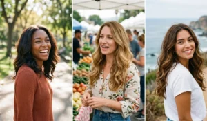 A collage of three women showcasing a naturally wavy blowout with diffused roots transitioning smoothly into bouncy, polished ends.