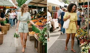 A split-screen image of women exploring a local market in breathable sage green and lemon yellow gingham co-ord sets with shorts and blouses.
