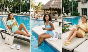 A 3-panel collage of women relaxing by a pool in matching pastel terry cloth high-waisted shorts and button-up shirt sets.