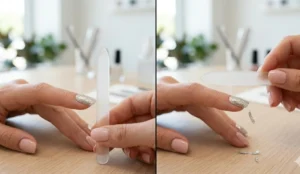 A two-panel collage showing a glass nail file held at a strict 90-degree angle to file off excess glitter polish, resulting in a crisp, clean tip without any stretching or tearing.
