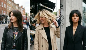 A 3-panel collage featuring women with choppy, point-cut blowouts, highlighting smooth mid-lengths and highly defined, edgy ends.