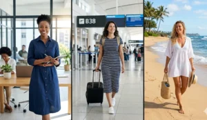 A three-panel split-screen photo collage for different occasions. Panel 1: Confident woman in a structured, belted cotton poplin dress for work. Panel 2: Woman traveling with a suitcase, wearing a striped cotton jersey midi dress. Panel 3: Woman walking on a beach in a loose cotton gauze cover-up dress.