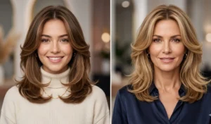 Two women displaying a soft C-shape face-framing blowout where the front layers are blown out to elegantly curve inward along the jawline.
