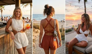 A trendy three-panel photo collage featuring stylish women wearing modern cut-out rompers accentuated with shimmering gold or silver belly chains, creating an early 2000s glam aesthetic for a beachside happy hour.