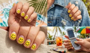 Collage of cute Y2K smiley face nail art in bright yellow on short nails, reflecting a nostalgic Tropicalcore summer aesthetic.