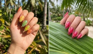 A two-panel collage highlighting translucent fruit punch jelly nails in juicy shades of papaya orange, mango yellow, kiwi green, and watermelon pink with encapsulated iridescent glitter flakes.