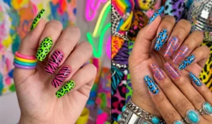 A maximalist side-by-side photo of loud Lisa Frank-style nail designs, combining electric green leopard spots and vivid pink and blue zebra stripes on long nails.