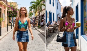 A 2-panel image showing women in a tropical town wearing backless sequin butterfly tops and multi-toned patchwork denim skirts with baguette bags.