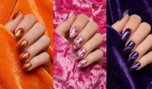 A three-panel display of magnetic velvet nails mimicking the texture of a Y2K velour tracksuit in vibrant shades of juicy orange, hot pink, and royal purple.