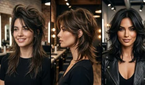 A 3-panel split-screen featuring the medium-length wolf cut blowout, showcasing short textured crown layers and dynamic flipped ends.