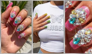 A three-panel collage of McBling-inspired gemstone floral nails, featuring bright pink jelly bases heavily bedazzled with 3D rhinestone flowers and chunky teardrop crystals.