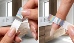 A two-panel collage illustrating the anchor technique for nail strips, showing a holographic strip half-peeled from its paper backing and precisely aligned over a stiletto nail cuticle.