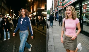 A split image of two women wearing the Y2K spiky-end shoulder-length blowout with sleek roots and sharply flipped-out textured ends.
