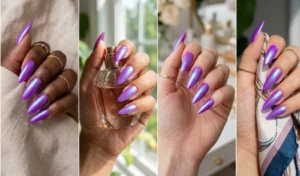 A four-panel collage displaying electric purple stiletto nails coated in a color-shifting, glossy iridescent pearl mermaid topcoat.