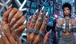 Three-panel collage featuring futuristic 3D molten silver chrome nail art with metallic ridges.
