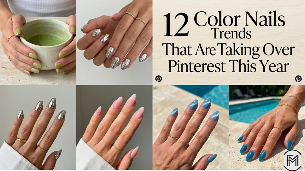 "A 16:9 lifestyle blog feature image designed as a clean, sophisticated multi-panel aesthetic collage showcasing various viral nail trends against minimalist backgrounds of wood and stone, inspired by the rich, high-shine summer textures of image_0.png. Large, stylish typography integrates into the upper right section, reading: '12 Color Nails Trends That Are Taking Over Pinterest This Year.' Below the text, a grid of five distinct, well-manicured hands with natural skin tones displays different viral aesthetics under bright natural daylight: top-left features hands holding a ceramic matcha bowl with creamy matcha green nails (Trend 2); center shows 3D molten silver chrome ridges (Trend 6); right shows multidimensional velvet cat-eye shimmer in icy blue (Trend 3); bottom-left shows a soft Korean blush pink gradient on long almond nails (Trend 5); and a fifth panel displays translucent ocean blue jelly nails resting near a pool edge (Trend 9). Small Pinterest 'P' logos are subtly placed near the typography."