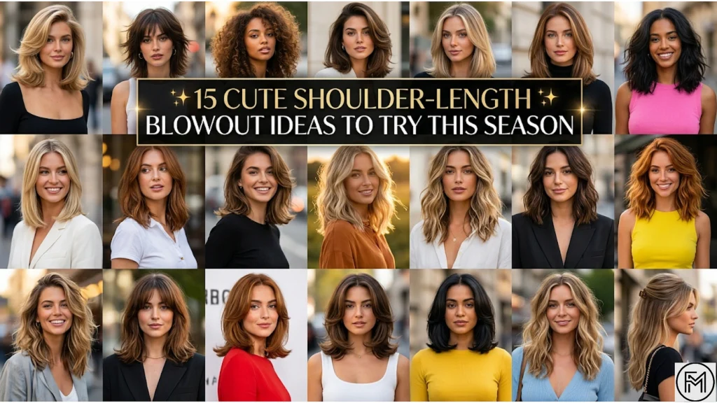 A collage of women modeling diverse shoulder-length blowout hairstyles, including soft waves, sleek cuts, and bouncy layers. A central black banner with gold text reads, "15 Cute Shoulder-Length Blowout Ideas To Try This Season."
