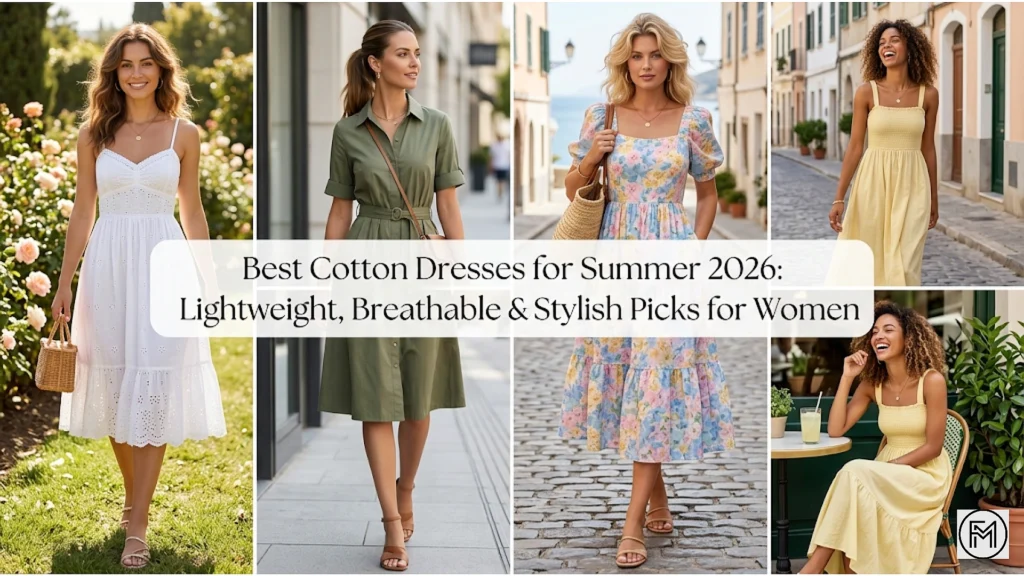A four-panel image collage showcasing different styles of women's cotton summer dresses. A central text box overlays the images with the title, 'Best Cotton Dresses for Summer 2026: Lightweight, Breathable & Stylish Picks for Women'. The top left panel features a woman in a garden wearing a white eyelet midi dress with straps. The top right panel features a woman on a cobblestone street wearing a tiered floral dress with puff sleeves. The bottom left panel shows a woman on a city sidewalk in an olive green collared shirtdress with a belt. The bottom right panel shows a woman sitting at an outdoor café in a yellow smocked bodice dress with straps.