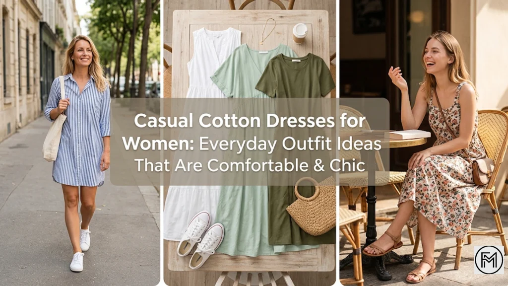 A collage showcasing everyday outfit ideas for women's casual cotton dresses. It features a woman walking in a striped shirt dress with white sneakers, a flat lay of comfortable cotton dresses with accessories, and a woman laughing at an outdoor cafe in a floral midi dress. The text overlay reads: "Casual Cotton Dresses for Women: Everyday Outfit Ideas That Are Comfortable & Chic."