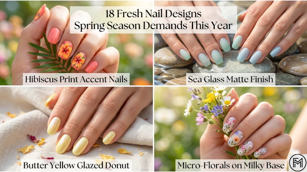 "A vibrant collage feature image showcasing four popular spring nail art styles: Hibiscus Print Accent Nails, Sea Glass Matte Finish, Butter Yellow Glazed Donut, and Micro-Florals. The central text reads, '18 Fresh Nail Designs Spring Season Demands This Year'."