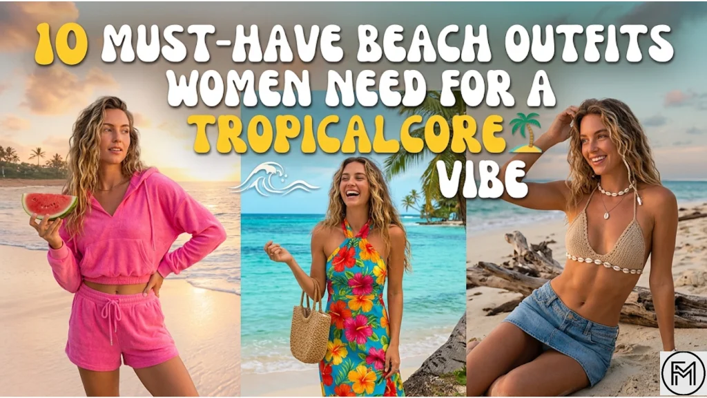 "Collage of three beach outfits featuring a pink terry set, hibiscus print dress, and crochet top with a denim skirt for Tropicalcore style."