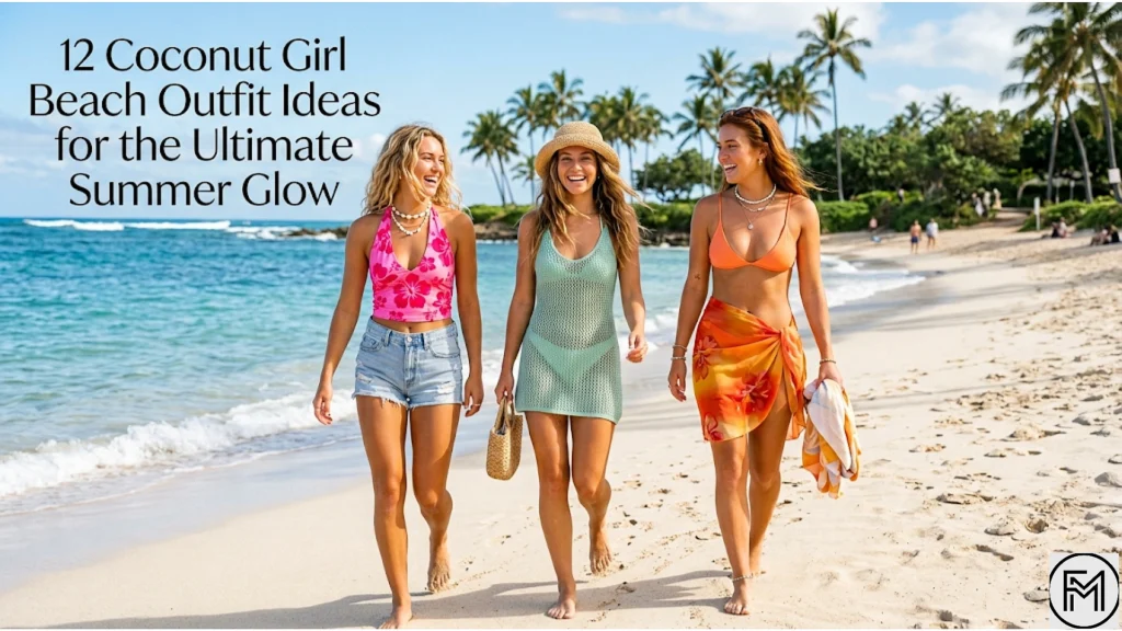 Three women wearing vibrant Y2K Coconut Girl beach outfits walking on a sunny tropical beach, with the text overlay "12 Coconut Girl Beach Outfit Ideas for the Ultimate Summer Glow".