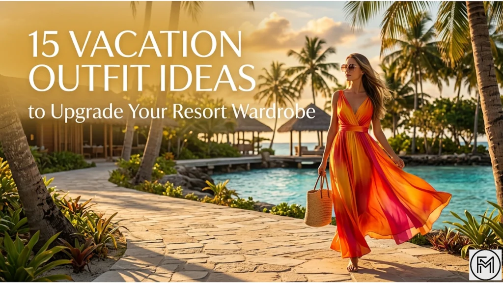 "A woman wearing sunglasses and a vibrant, flowing orange and pink maxi dress walks along a stone pathway at a luxury tropical resort while carrying a straw tote bag. In the background, there are palm trees, ocean water, and resort pavilions at sunset. A large text overlay on the left reads, '15 VACATION OUTFIT IDEAS to Upgrade Your Resort Wardrobe'."