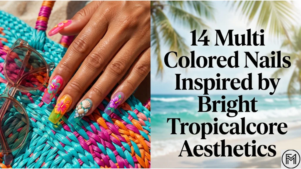 "A split-panel image. The left side is a detailed close-up of a tanned hand showcasing elaborate, multi-colored stiletto-shaped nail art with intricate line patterns and large 3D decorations including shells, pearls, and jewels. The hand rests on a colourful woven straw beach bag with clear tinted sunglasses next to it on textured sand. The right side shows a blurred tropical beach background with palm trees, overlaid with large bold text that reads: '14 Multi Colored Nails Inspired by Bright Tropicalcore Aesthetics'."