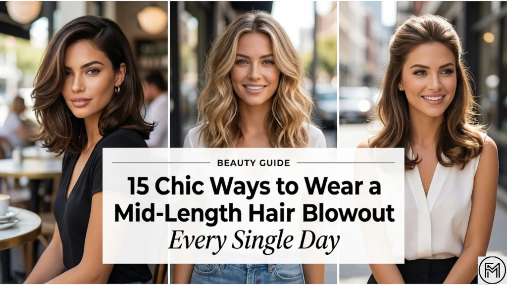 A three-panel photo collage featuring three women modeling different versatile styles of bouncy mid-length hair blowouts. In the center, a white text overlay reads "BEAUTY GUIDE: 15 Chic Ways to Wear a Mid-Length Hair Blowout Every Single Day".