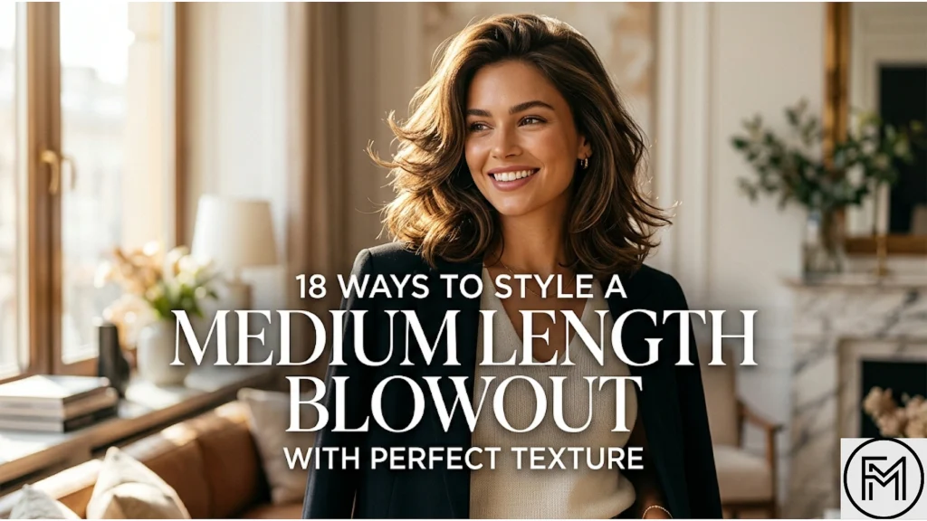 A smiling, confident woman with voluminous, medium-length wavy brown hair looks to the side. She is wearing a black blazer over a light beige knit top, accessorized with gold jewelry. The background is a softly blurred, sunlit upscale living room with a window, a fireplace, and potted plants. Overlaid prominently across the center in large white text is the phrase: "18 WAYS TO STYLE A MEDIUM LENGTH BLOWOUT WITH PERFECT TEXTURE".