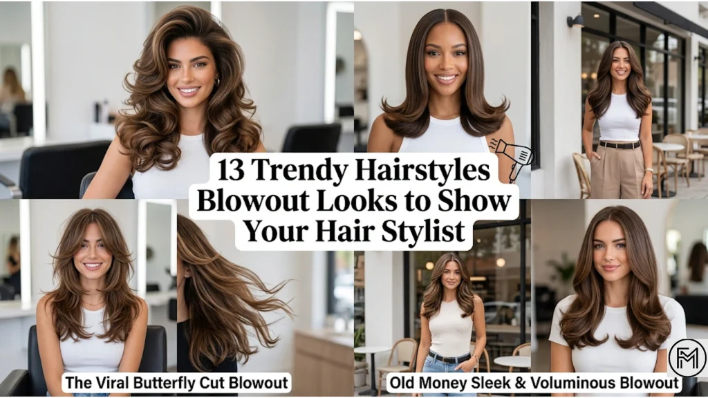 A feature photo collage of five women modeling different salon blowout hairstyles, including the viral butterfly cut blowout and the old money sleek and voluminous blowout. The central text overlay reads "13 Trendy Hairstyles Blowout Looks to Show Your Hair Stylist" alongside a small line-art hair dryer icon.
