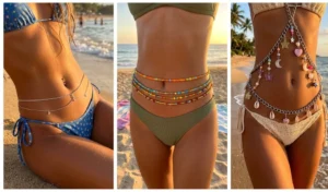A three-part collage showcasing Y2K midriff body jewelry, including a silver belly chain, colorful waist beads, and a chunky puka shell body chain.