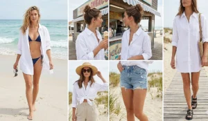 A versatile four-panel photo collage demonstrating multiple ways to style an oversized crisp cotton poplin button-down shirt as a chic cover-up over a bikini, including worn open, tied at the waist, and tucked into denim shorts.