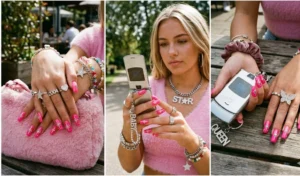 A three-panel collage of hot pink acrylic nails featuring early 2000s rhinestone starburst designs and nostalgic accessories.