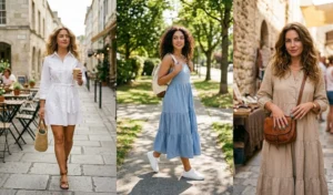 Three smart-casual outfit ideas featuring a crisp white cotton shirt dress, a soft blue midi dress styled with sneakers, and a tiered beige cotton dress.