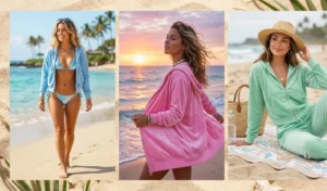 A three-panel collage featuring baby blue, bubblegum pink, and mint green Y2K velour zip-up track jackets worn as beach cover-ups.
