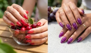 Hands with sheer cherry red and grape purple translucent jelly nails featuring 3D water drop effects.