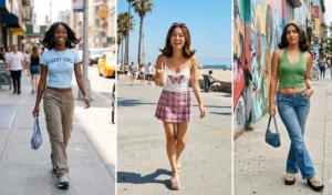 Three young women styling Y2K flippy ends blowouts on collarbone-length hair, wearing nostalgic early 2000s summer outfits.