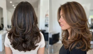 Two women displaying the back and side views of a U-shape haircut styled with a bouncy, cascading soft blowout for a thick appearance.