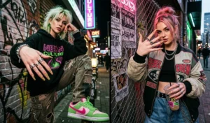 A split-screen image showcasing neon slime green and hot pink checkerboard print acrylic nails styled with edgy streetwear fashion.