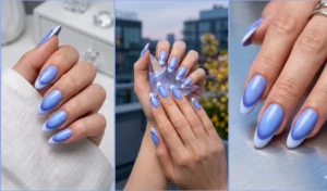 "Three-panel collage of periwinkle blue French illusion nails showing a 3D contoured ombré gradient effect."