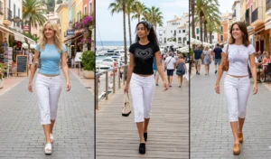 A split-screen image of three women wearing white low-rise mid-calf capri pants and tight rhinestone-studded graphic baby tees.