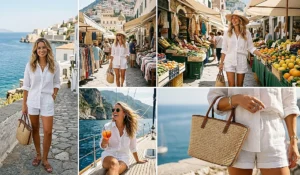 A sophisticated four-panel photo collage demonstrating versatile white linen matching sets. The images show women exploring a sunny market, taking a boat tour, and enjoying a midday cocktail, highlighting the breathable fabric and woven raffia tote.