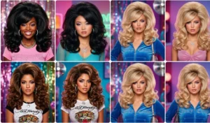 A four-panel collage featuring women with the McBling era maximum volume shoulder-length blowout and glamorous bouncy barrel curls.